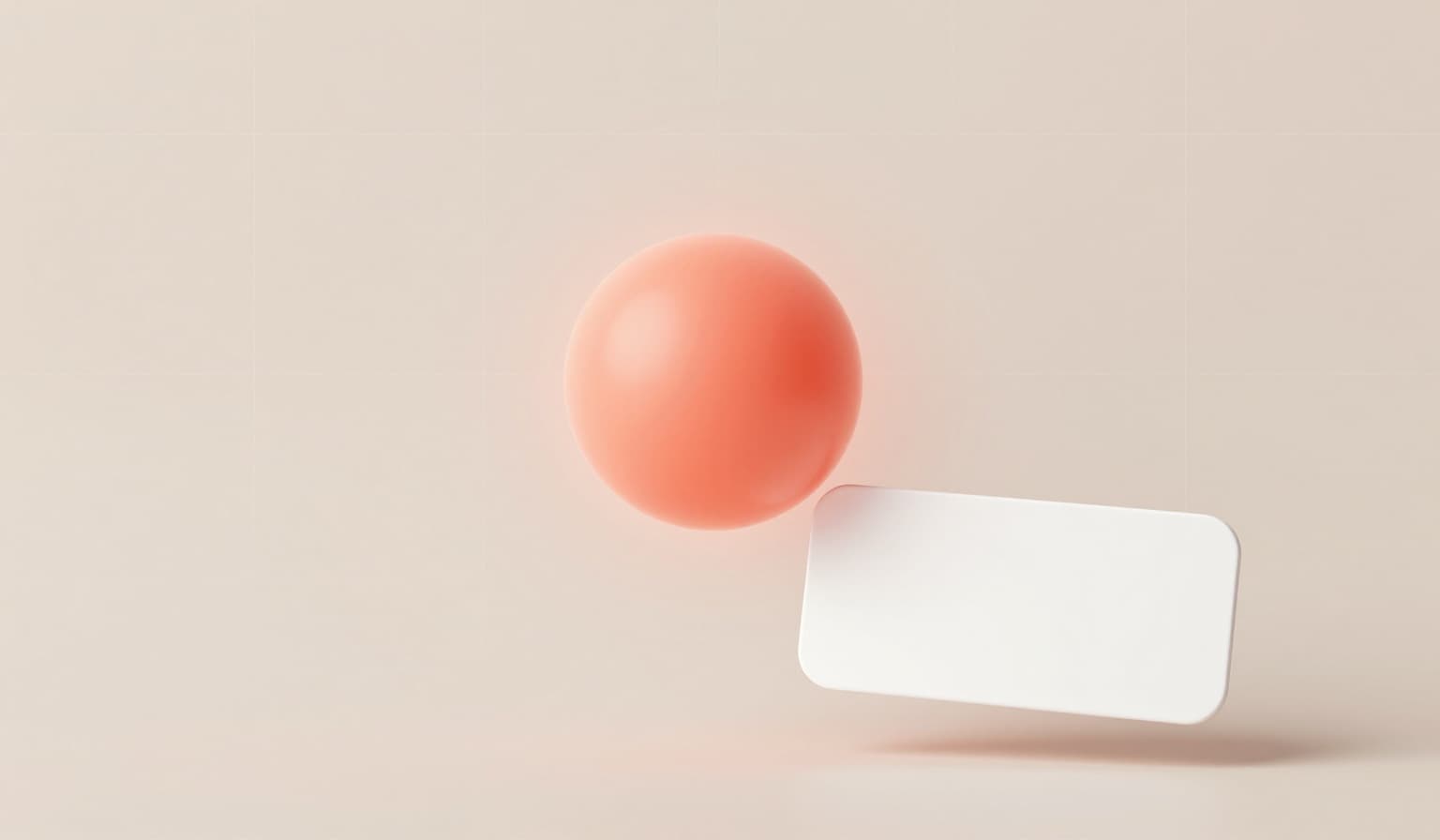 A softly glowing warm-coral node on a pale off-white grid, with a small white notification card in the lower right.