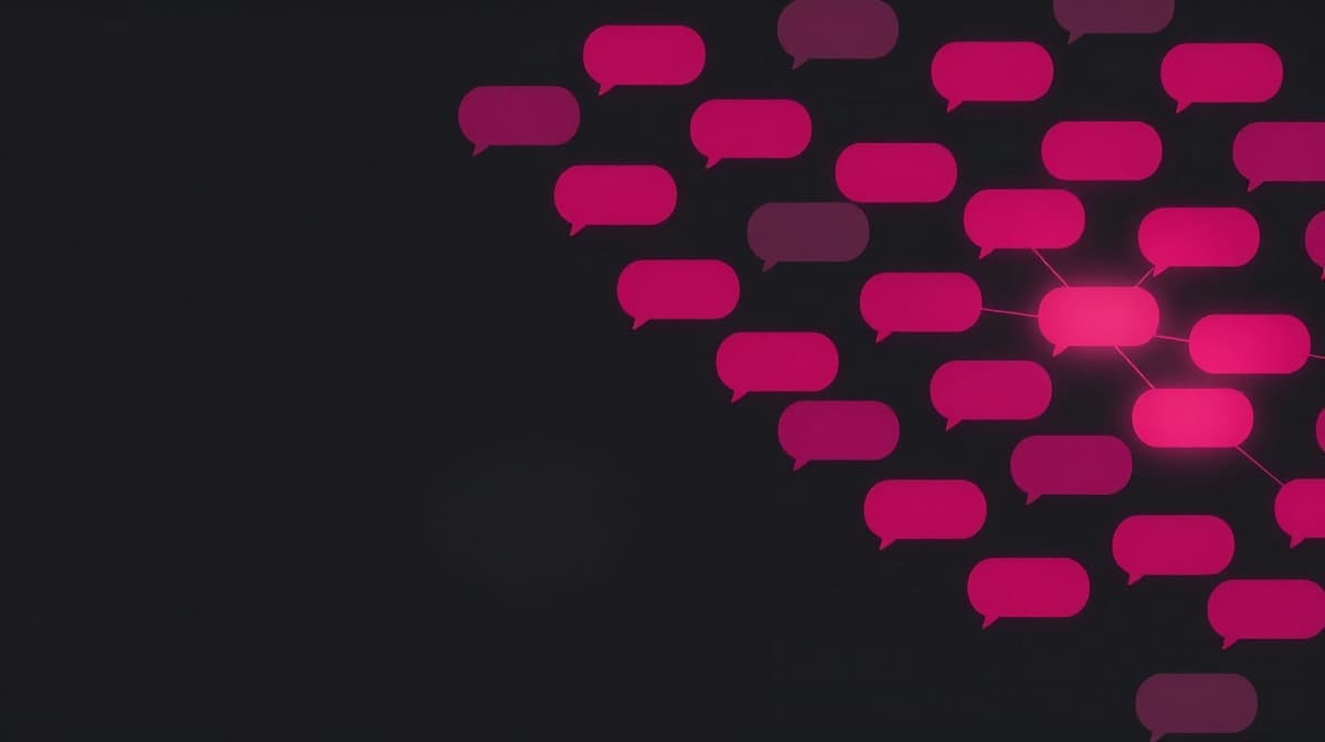 A scatter of small message cards across a charcoal grid, a few of them connected by magenta lines into a single bright cluster.